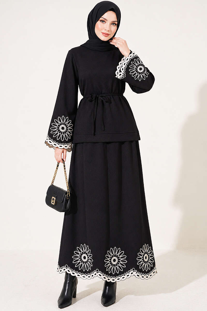 Skirt Set with Embroidered Hem and Cuffs - Black