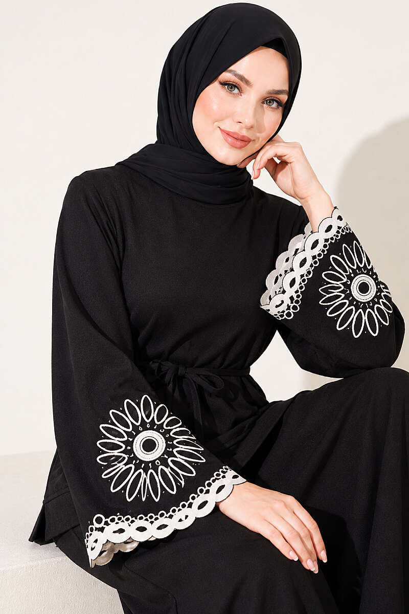 Skirt Set with Embroidered Hem and Cuffs - Black