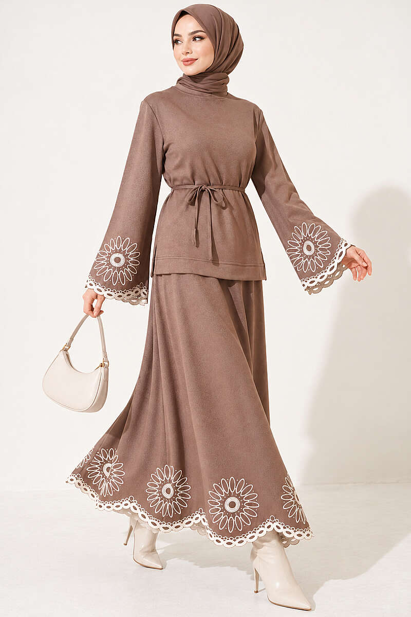 Skirt Set with Embroidered Hem and Cuffs - Mink