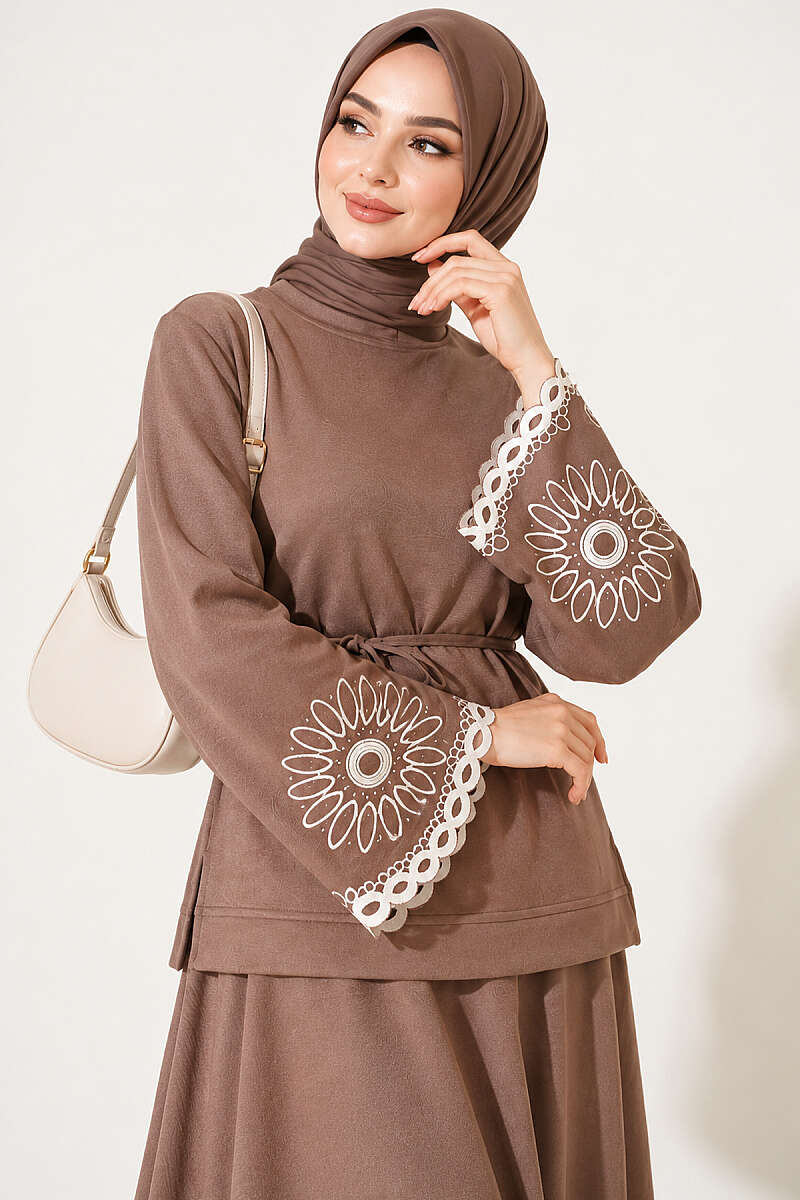 Skirt Set with Embroidered Hem and Cuffs - Mink