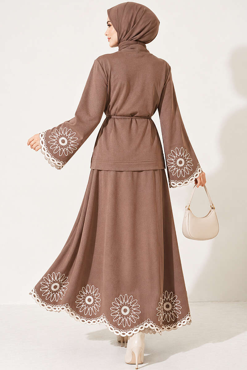 Skirt Set with Embroidered Hem and Cuffs - Mink