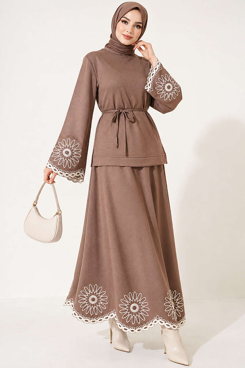 Skirt Set with Embroidered Hem and Cuffs - Mink