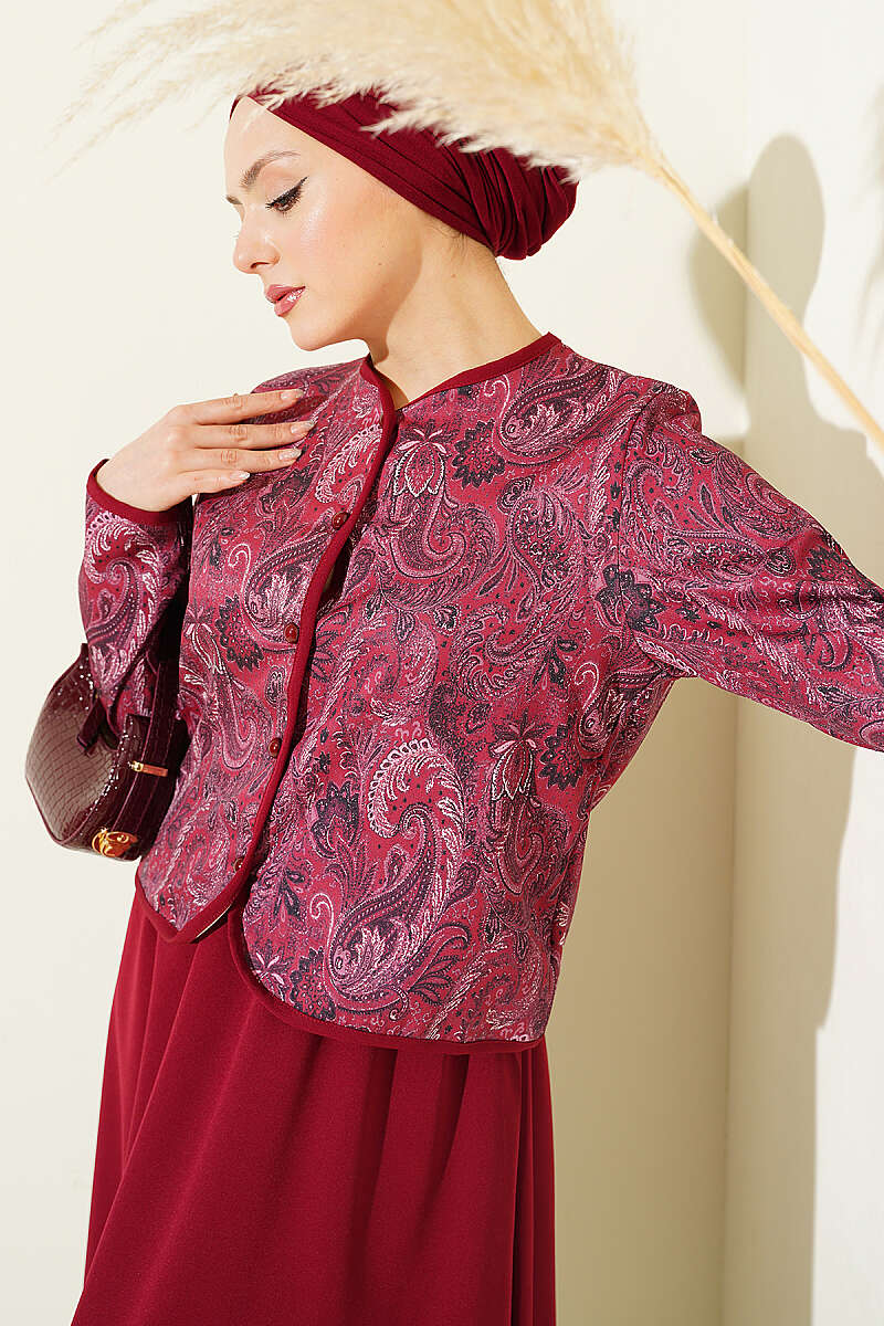 Ethnic Print Jacket and Skirt Set - Burgundy