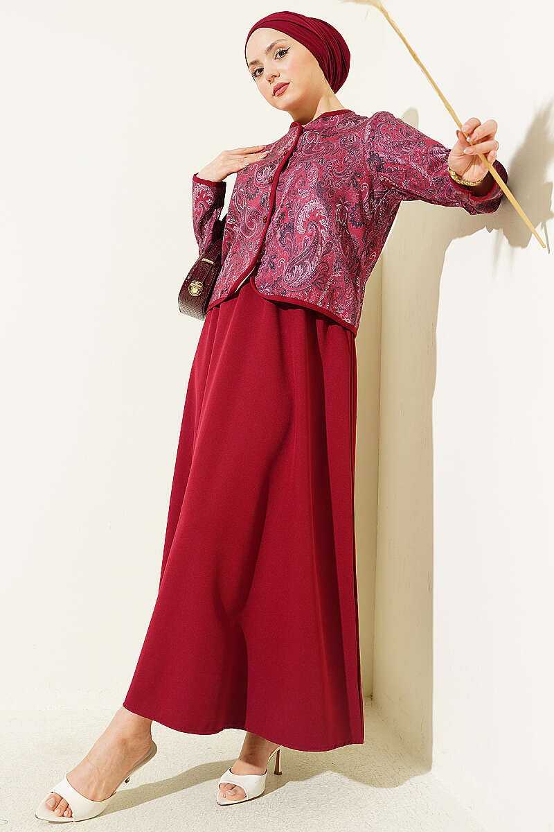 Ethnic Print Jacket and Skirt Set - Burgundy