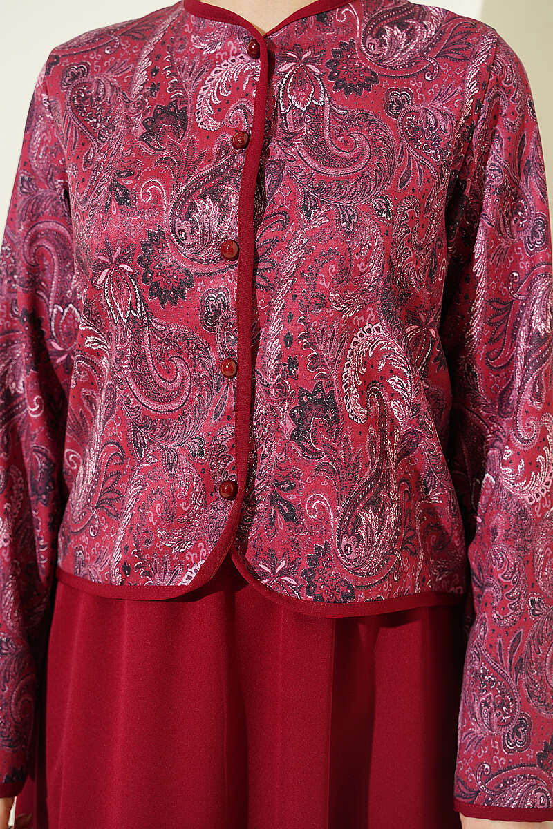 Ethnic Print Jacket and Skirt Set - Burgundy