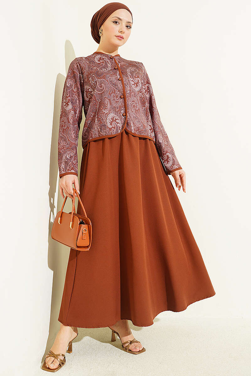 Ethnic Print Jacket and Skirt Set - Brown