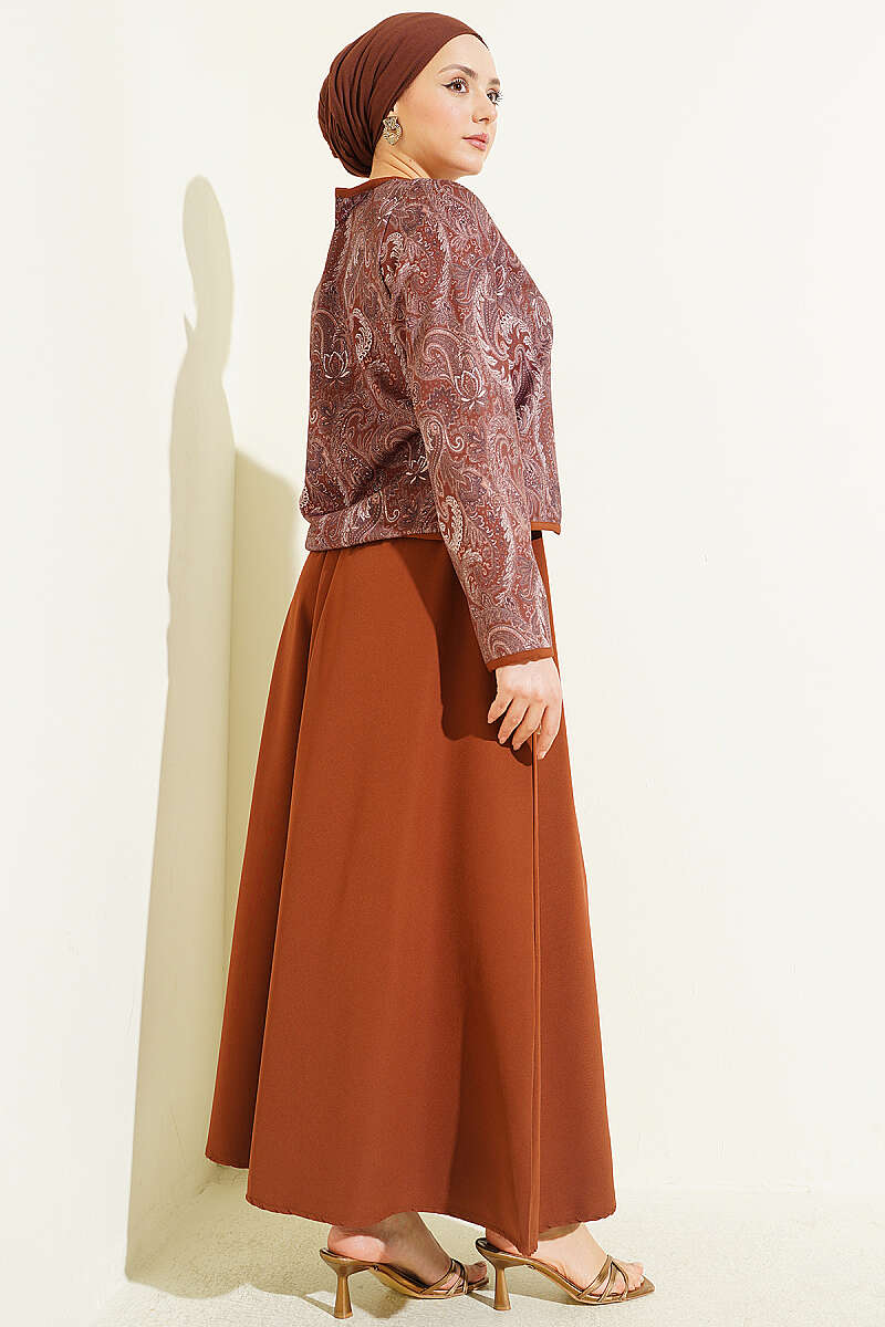 Ethnic Print Jacket and Skirt Set - Brown
