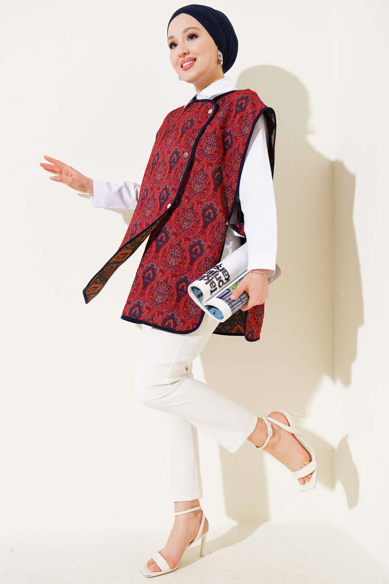 Ethnic Pattern Snap-Button Sweater - Burgundy