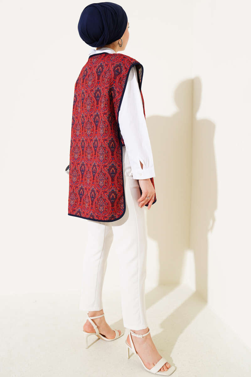 Ethnic Pattern Snap-Button Sweater - Burgundy