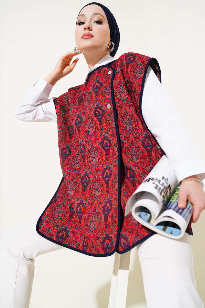 Ethnic Pattern Snap-Button Sweater - Burgundy