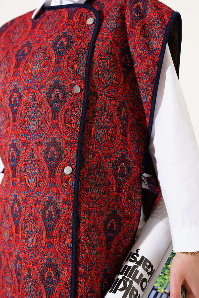 Ethnic Pattern Snap-Button Sweater - Burgundy