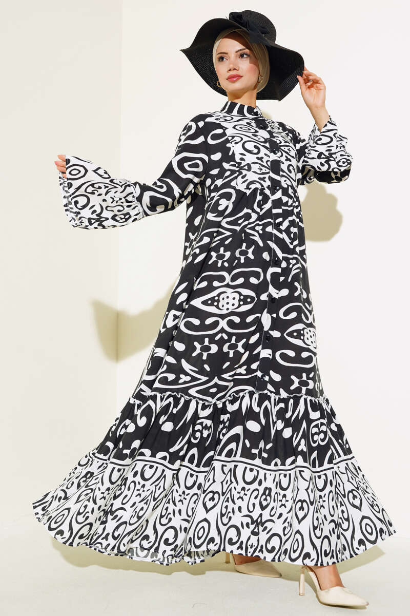 Loose Ethnic Print Button Dress - White