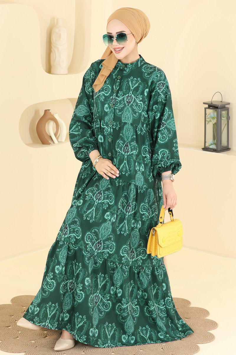 Ethnic-Pattern Dress - Emerald