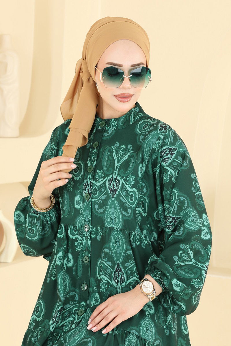 Ethnic-Pattern Dress - Emerald