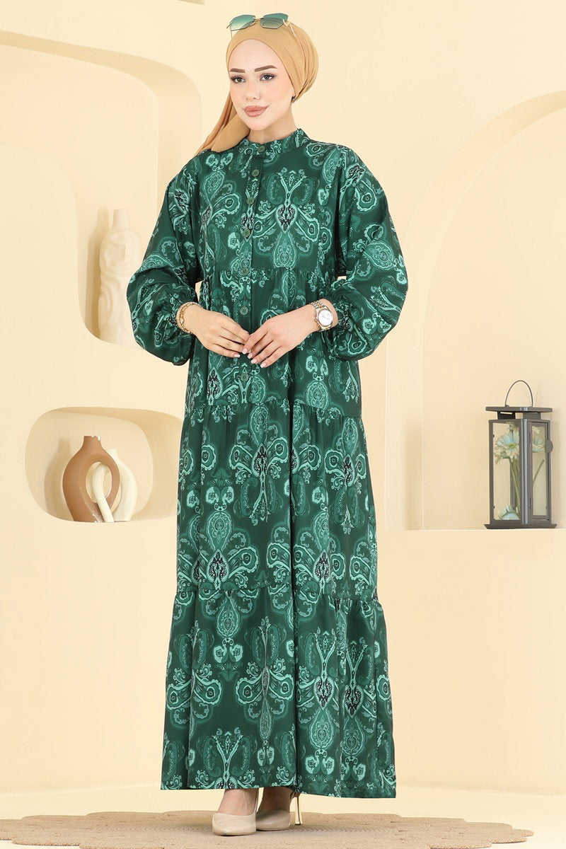 Ethnic-Pattern Dress - Emerald