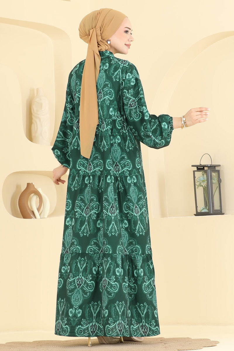 Ethnic-Pattern Dress - Emerald
