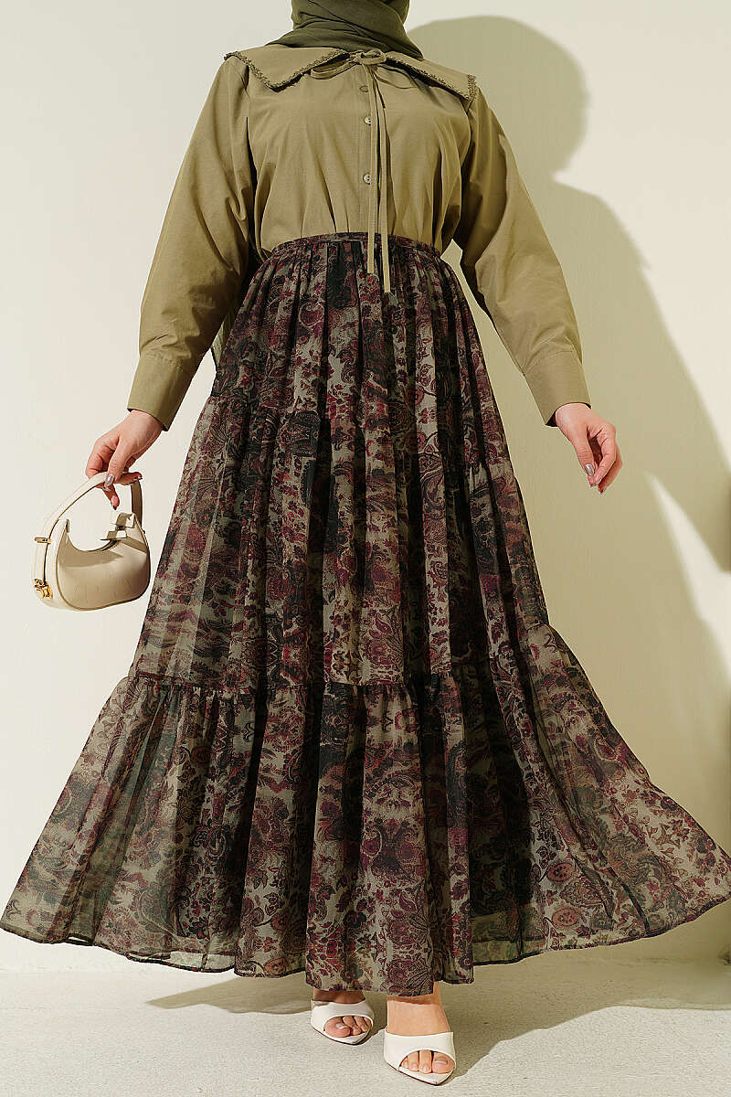 Tiered Ethnic Print Chiffon Skirt - Khaki