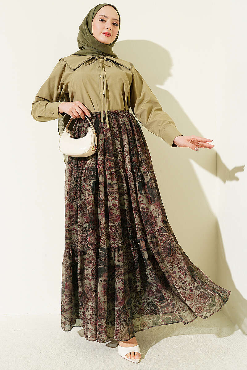 Tiered Ethnic Print Chiffon Skirt - Khaki