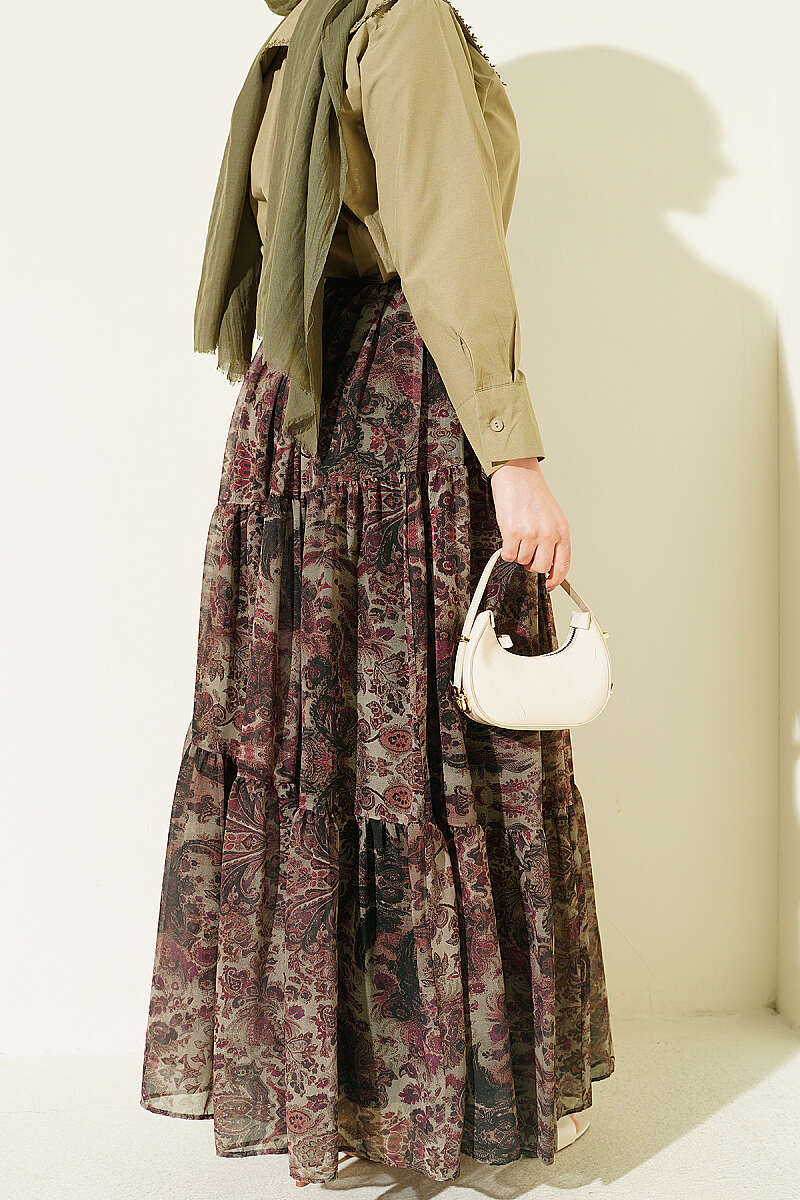 Tiered Ethnic Print Chiffon Skirt - Khaki