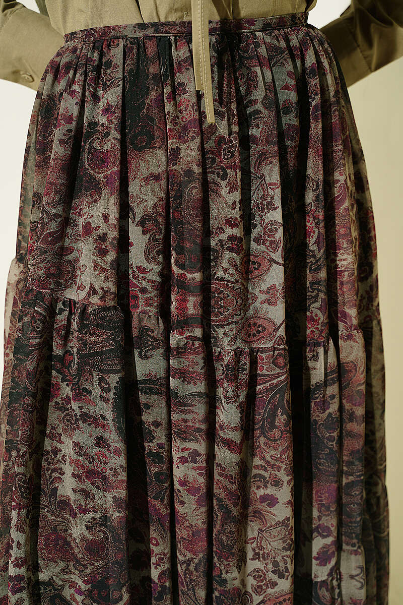 Tiered Ethnic Print Chiffon Skirt - Khaki