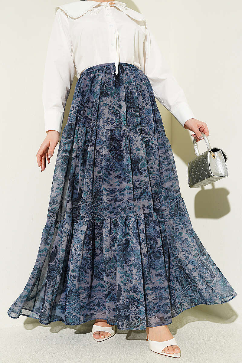 Tiered Ethnic Print Chiffon Skirt - Indigo