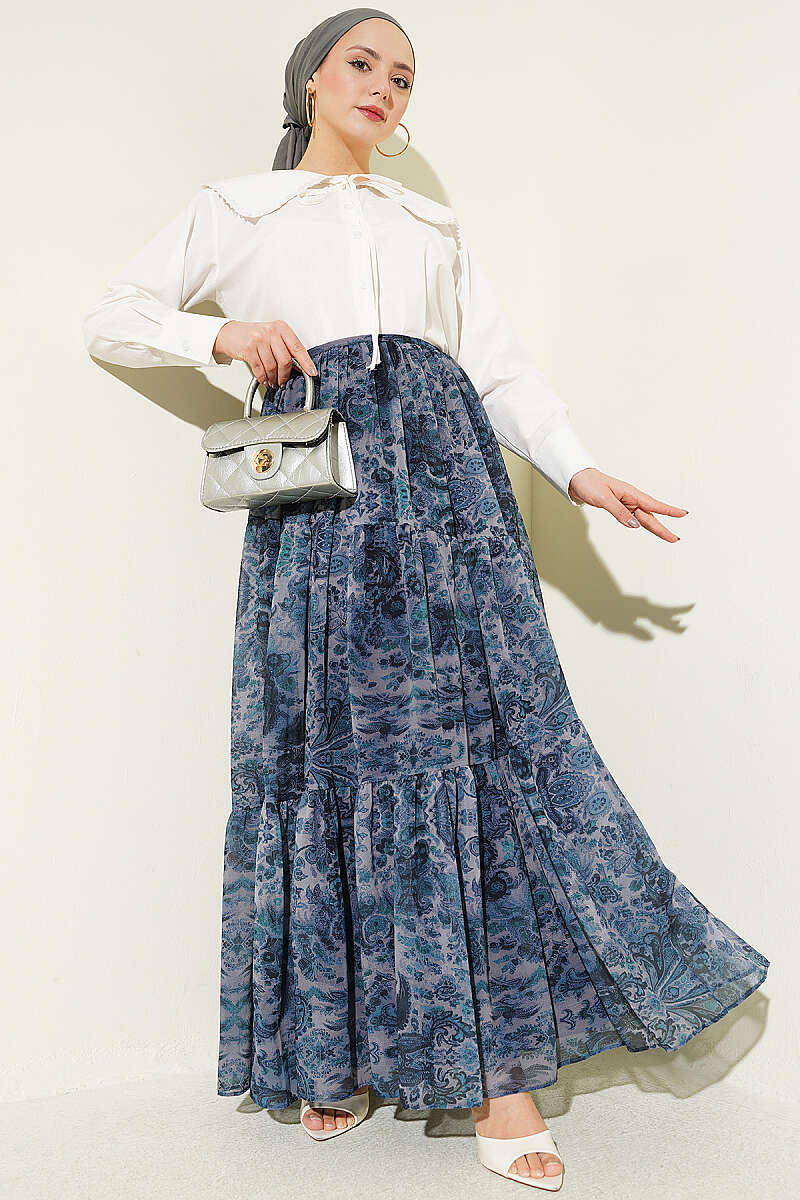 Tiered Ethnic Print Chiffon Skirt - Indigo