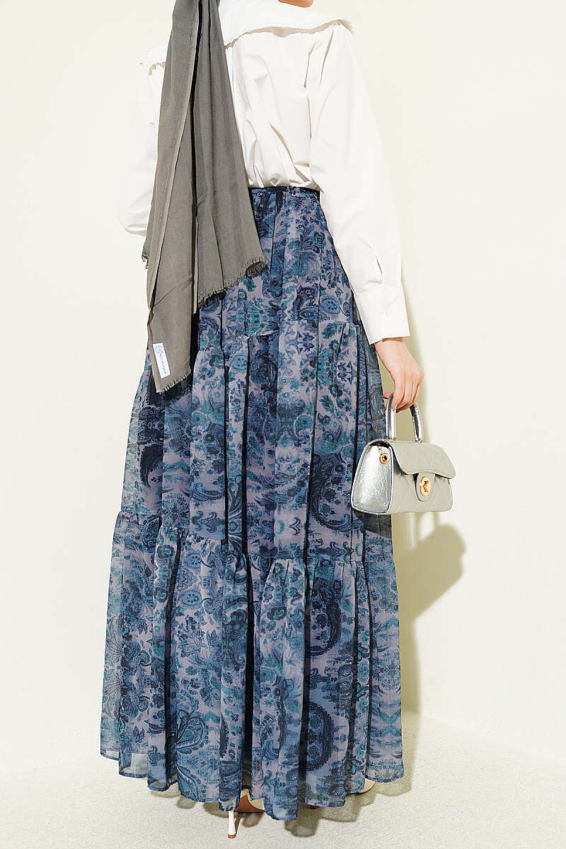 Tiered Ethnic Print Chiffon Skirt - Indigo