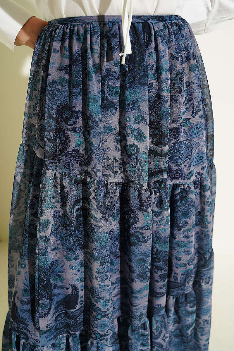 Tiered Ethnic Print Chiffon Skirt - Indigo