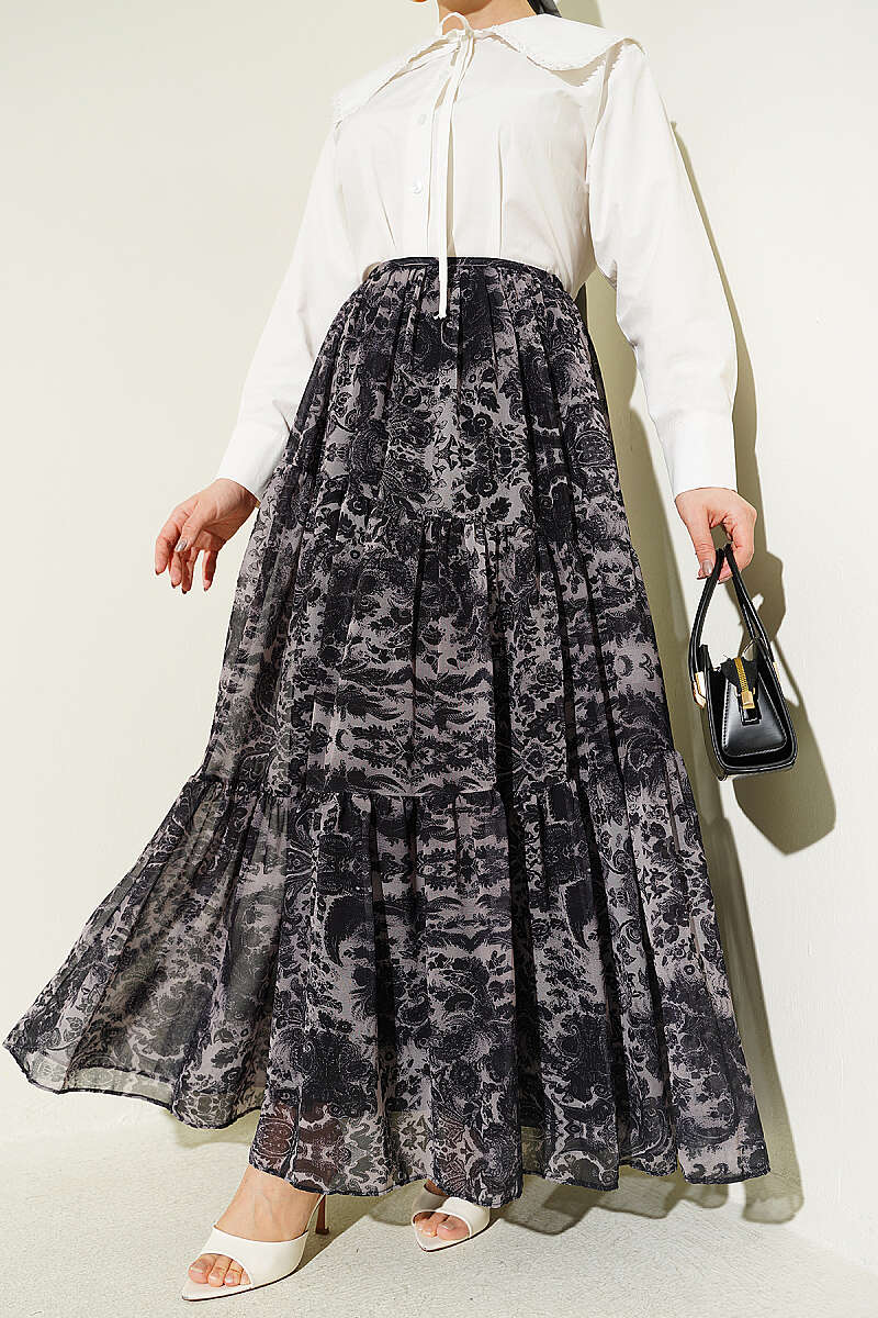 Tiered Ethnic Print Chiffon Skirt - Black