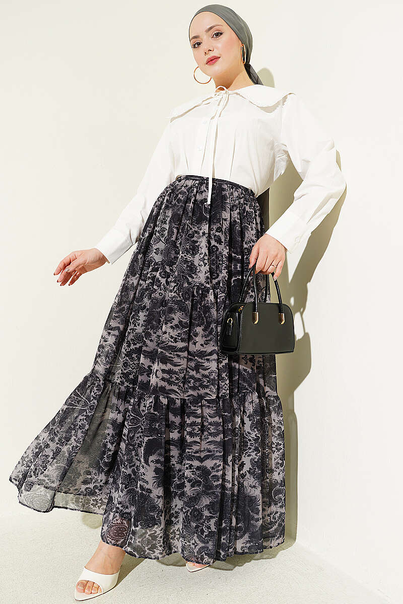 Tiered Ethnic Print Chiffon Skirt - Black