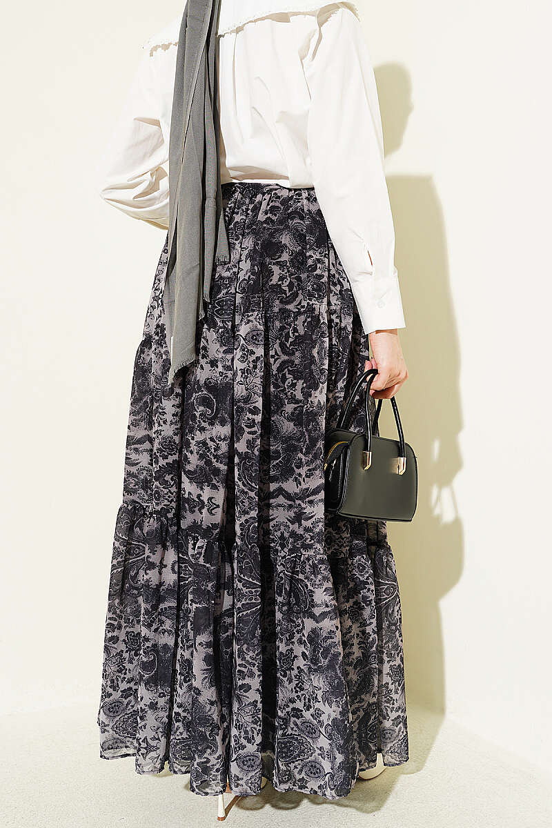 Tiered Ethnic Print Chiffon Skirt - Black