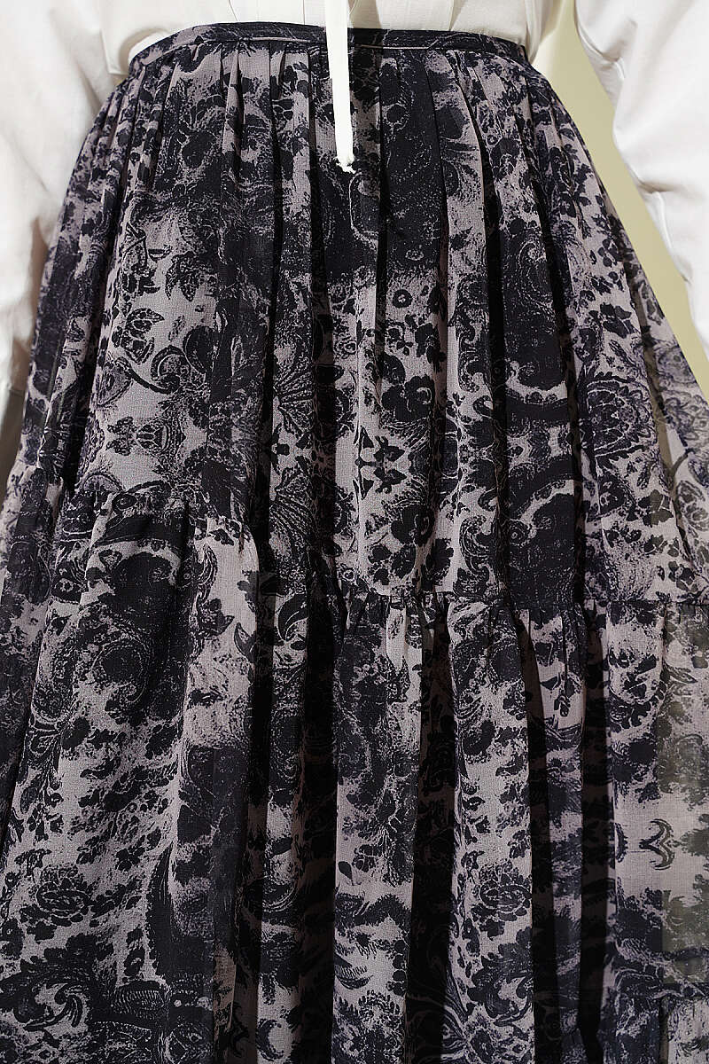 Tiered Ethnic Print Chiffon Skirt - Black