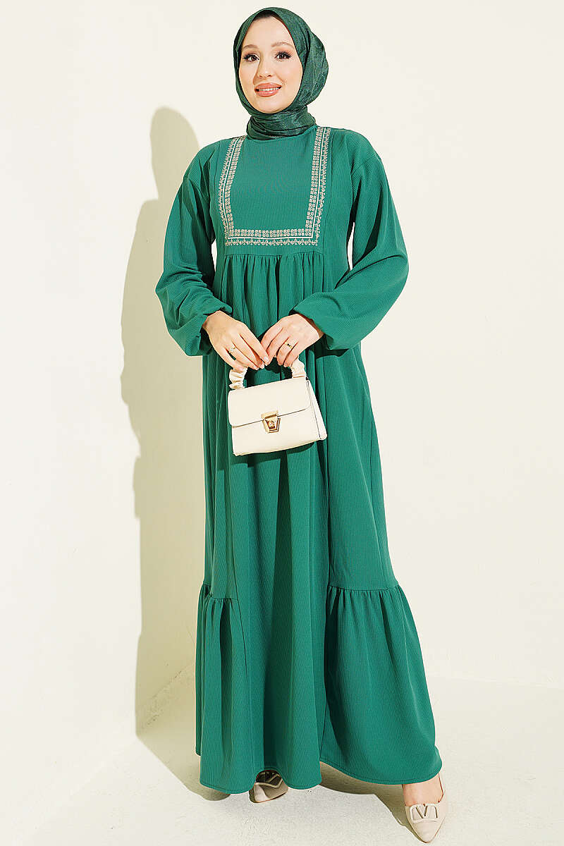 Ethnic Embroidered Knit Dress - Green