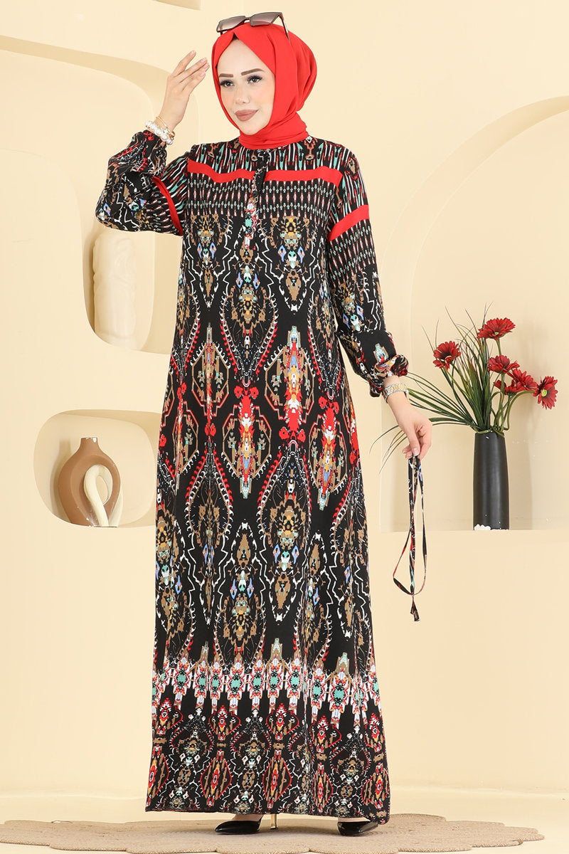 Ethnic-Print Viscose Dress - Black