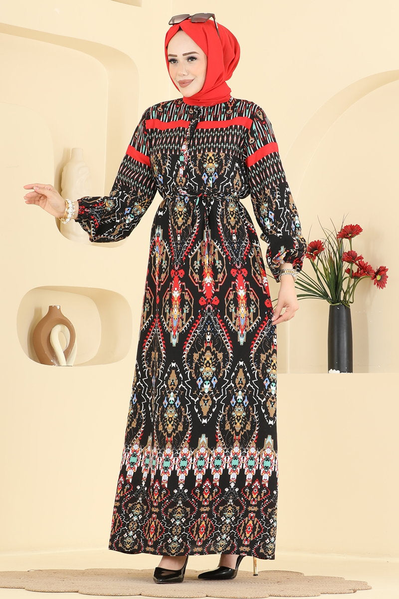 Ethnic-Print Viscose Dress - Black