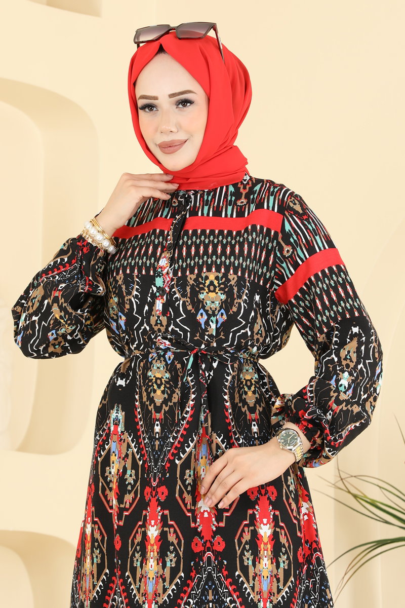 Ethnic-Print Viscose Dress - Black