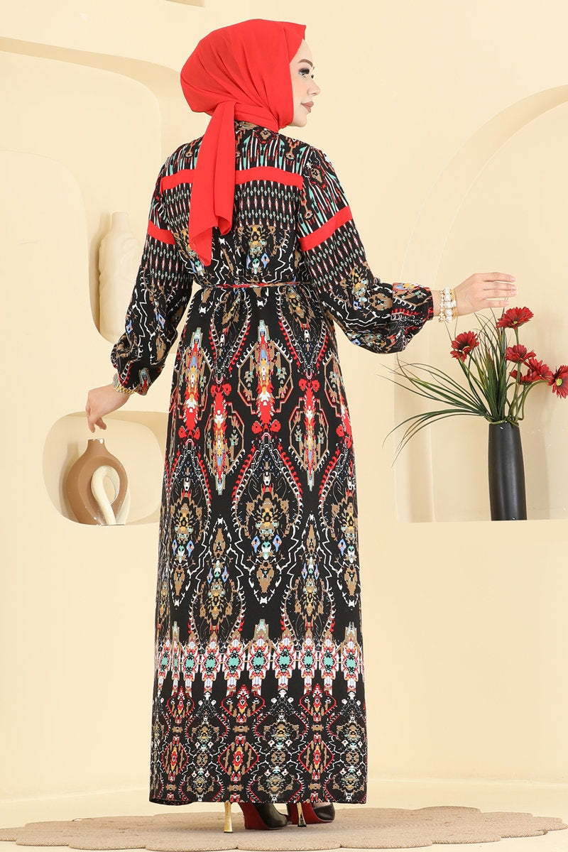 Ethnic-Print Viscose Dress - Black