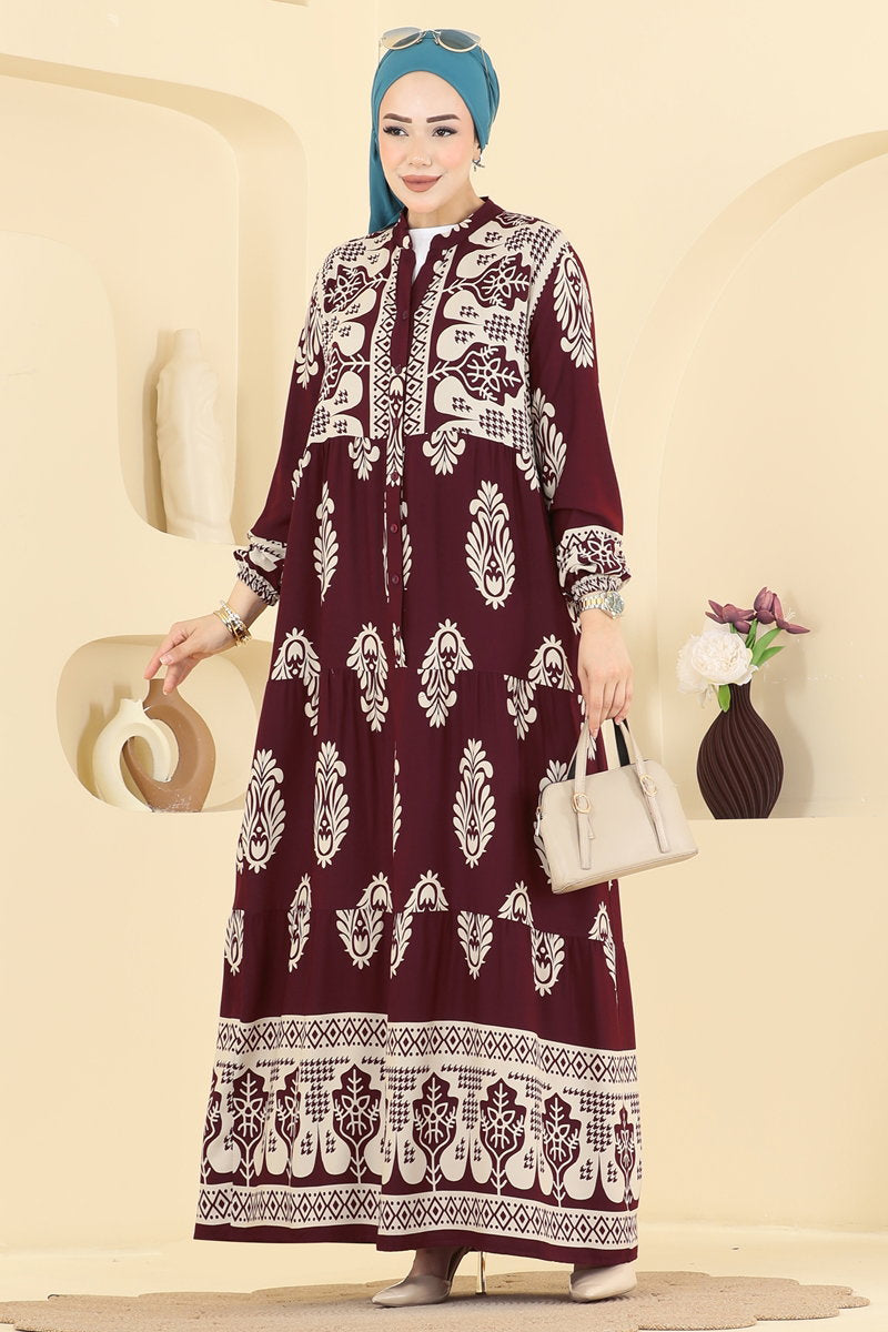Ethnic-Pattern Viscose Dress - Burgundy