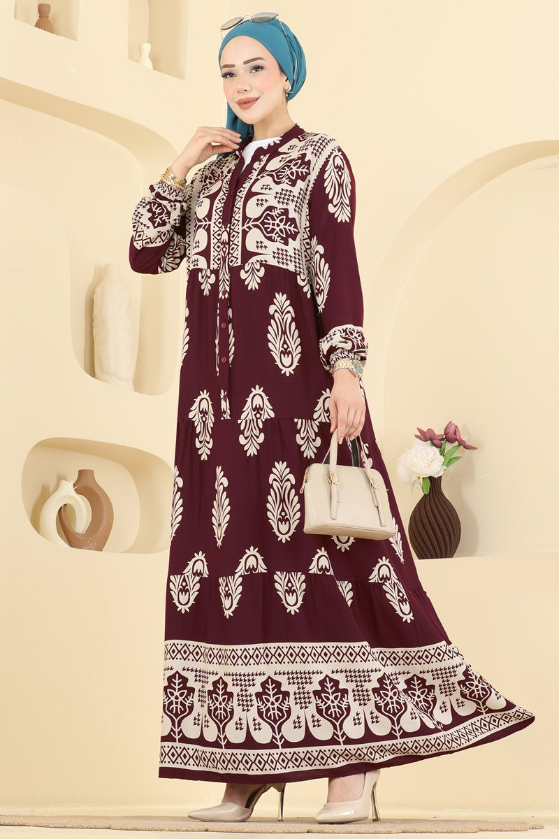 Ethnic-Pattern Viscose Dress - Burgundy