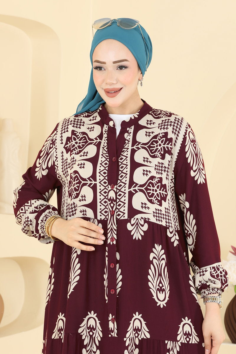 Ethnic-Pattern Viscose Dress - Burgundy
