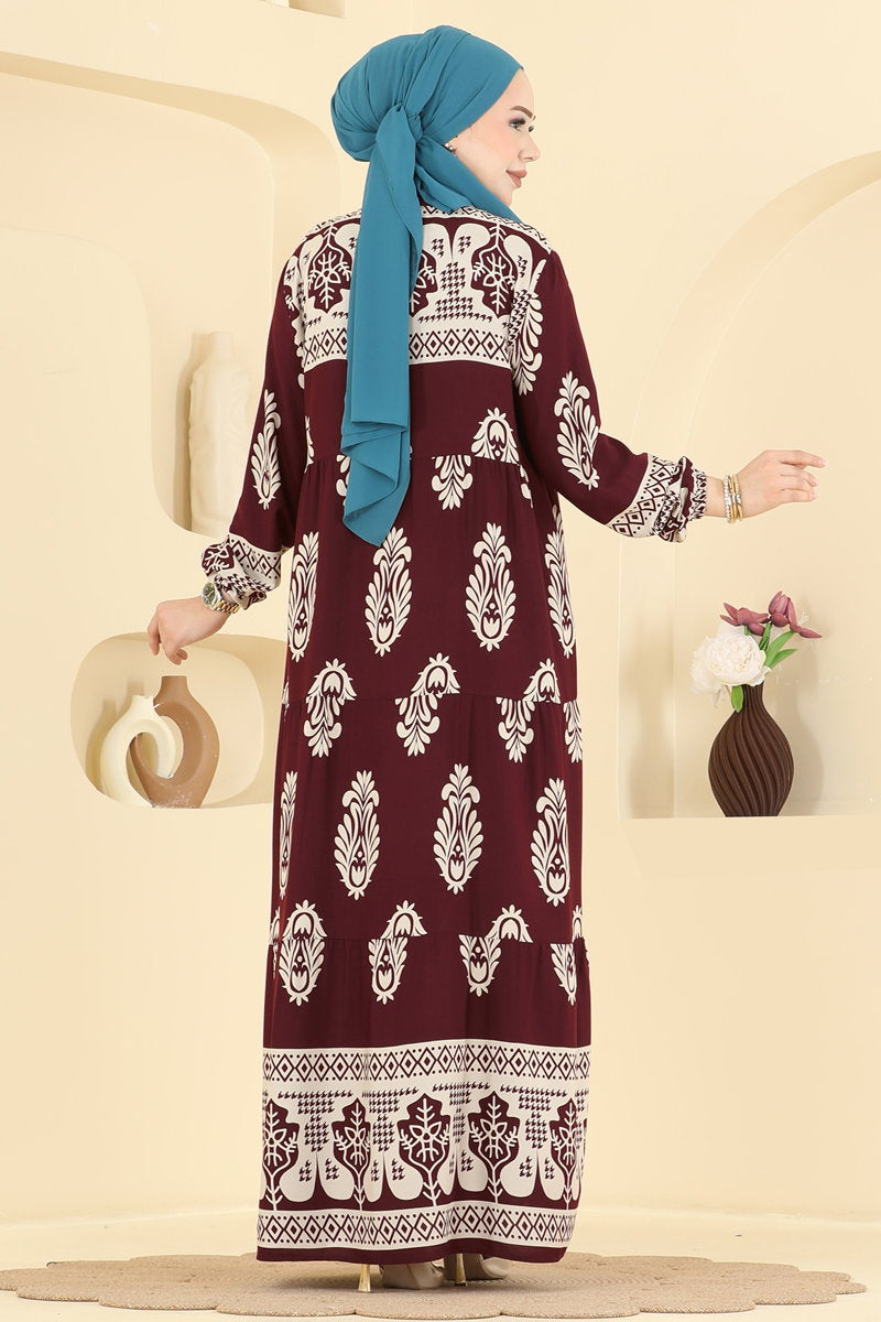 Ethnic-Pattern Viscose Dress - Burgundy