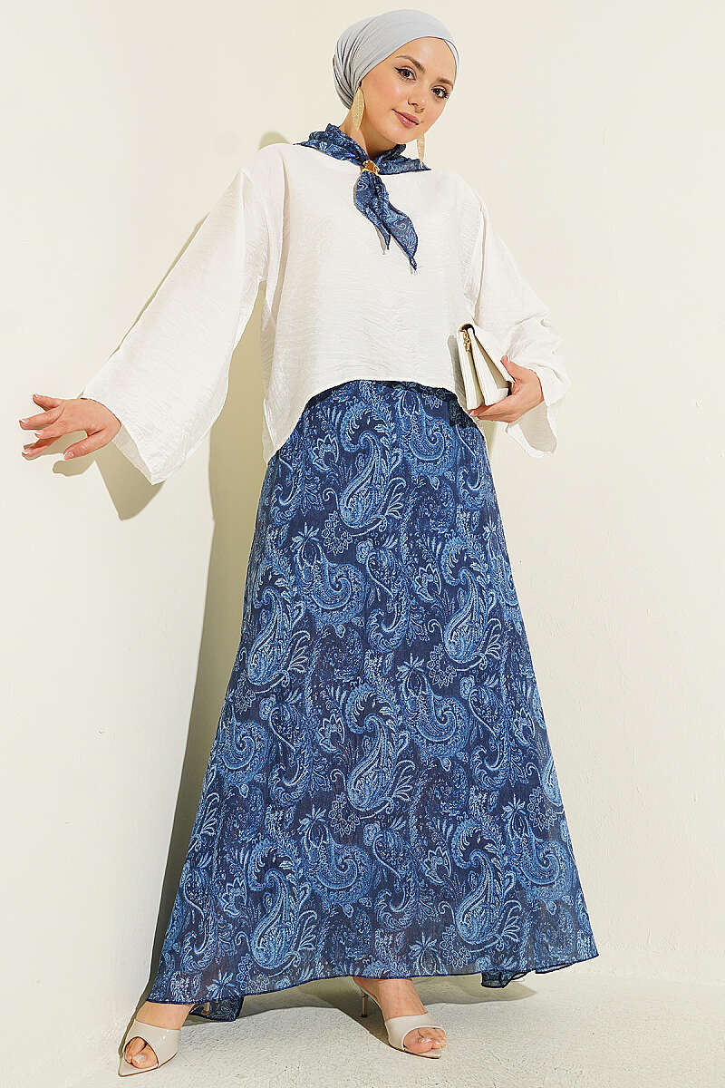 Ethnic Print Two-Piece Skirt Set with Scarf - Navy