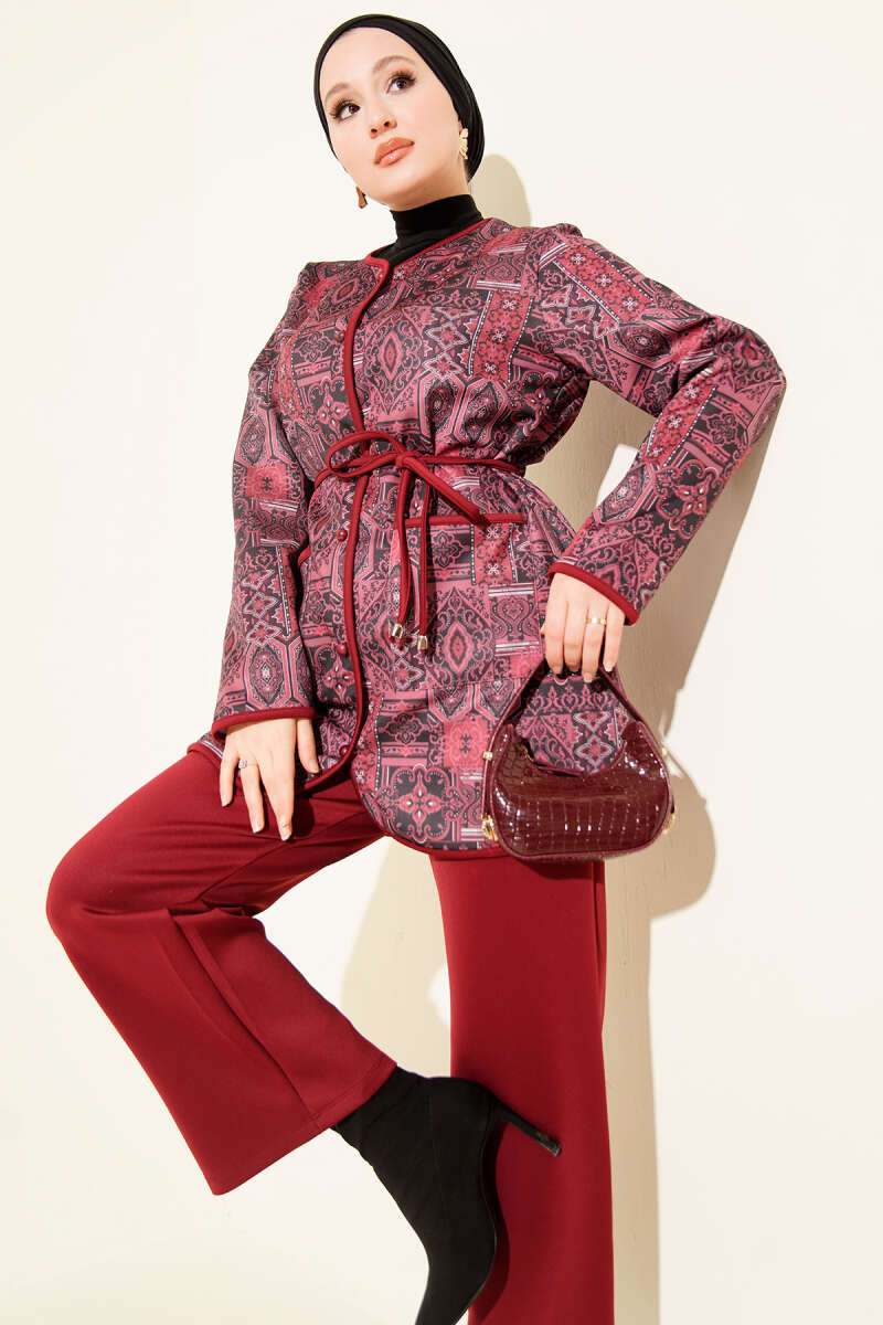 Ethnic Print Two-Piece Set with Ties - Burgundy