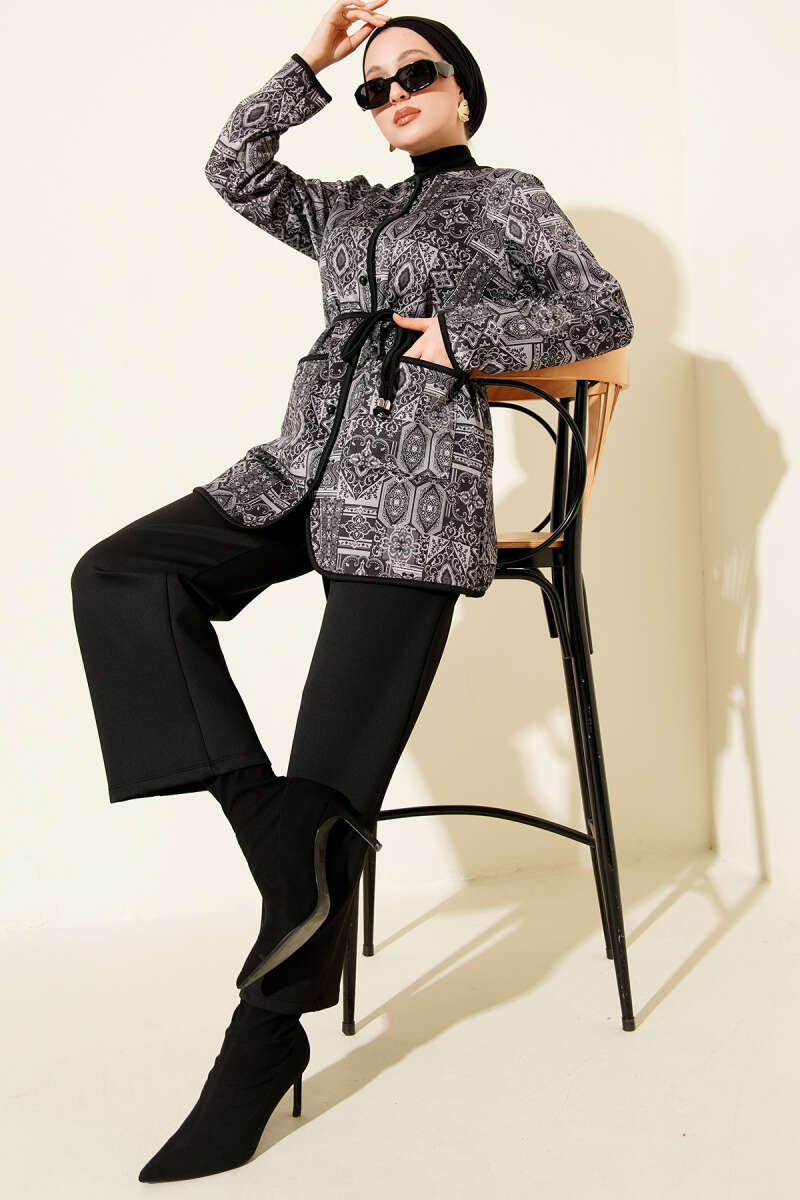 Ethnic Print Two-Piece Set with Ties - Black