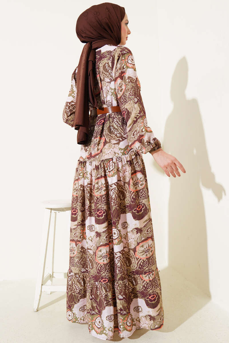 Belted Ethnic Print Dress - Khaki