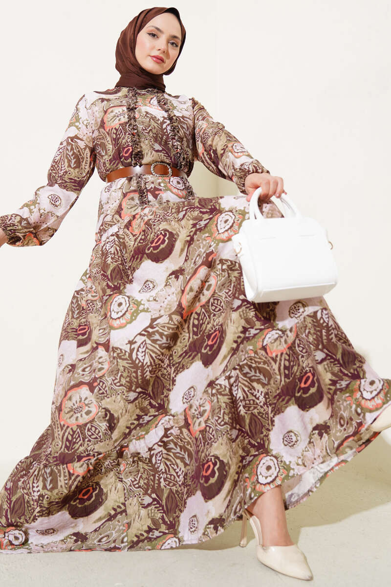 Belted Ethnic Print Dress - Khaki