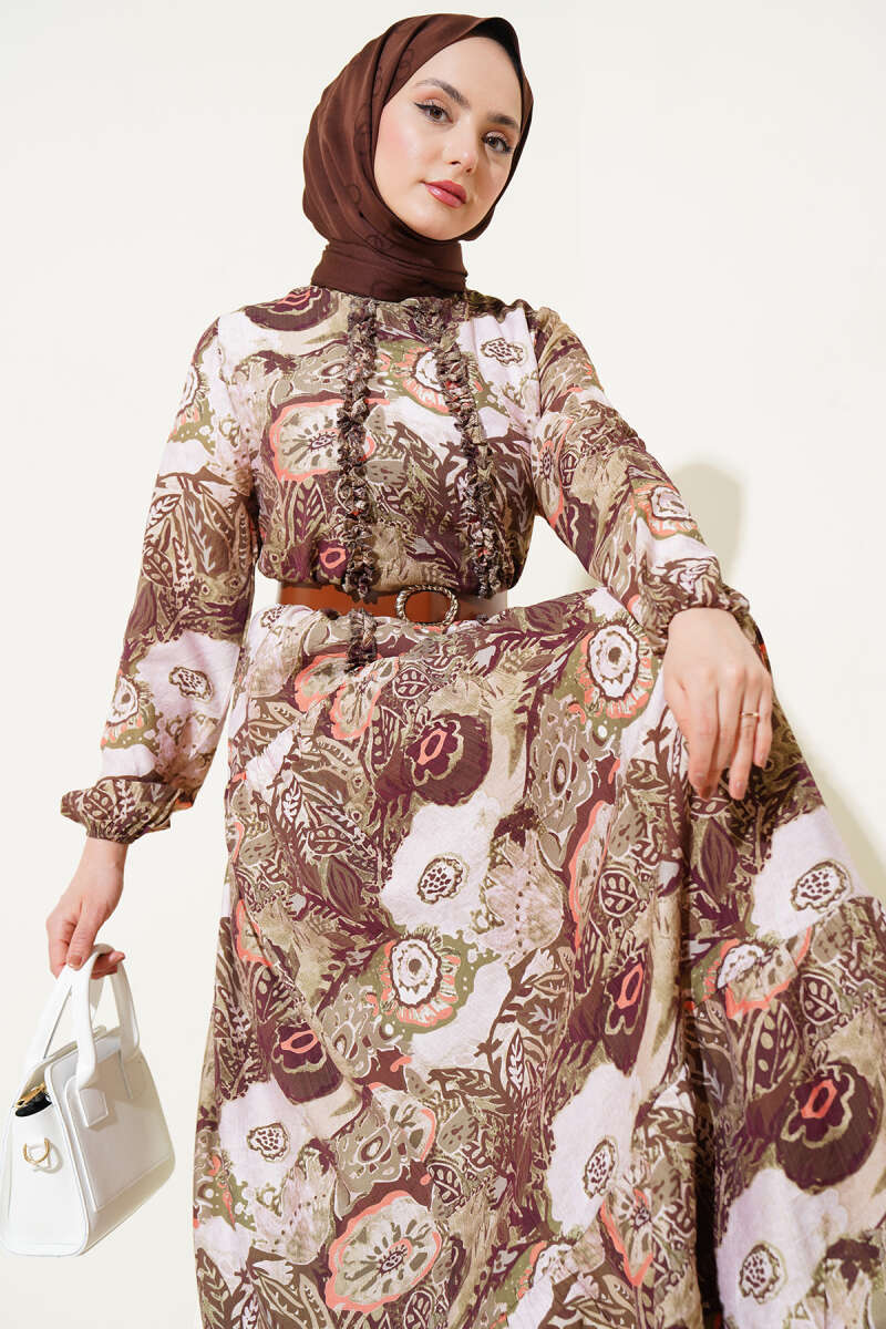 Belted Ethnic Print Dress - Khaki