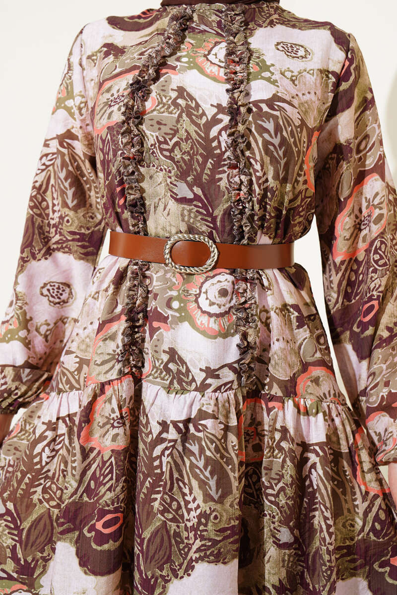 Belted Ethnic Print Dress - Khaki