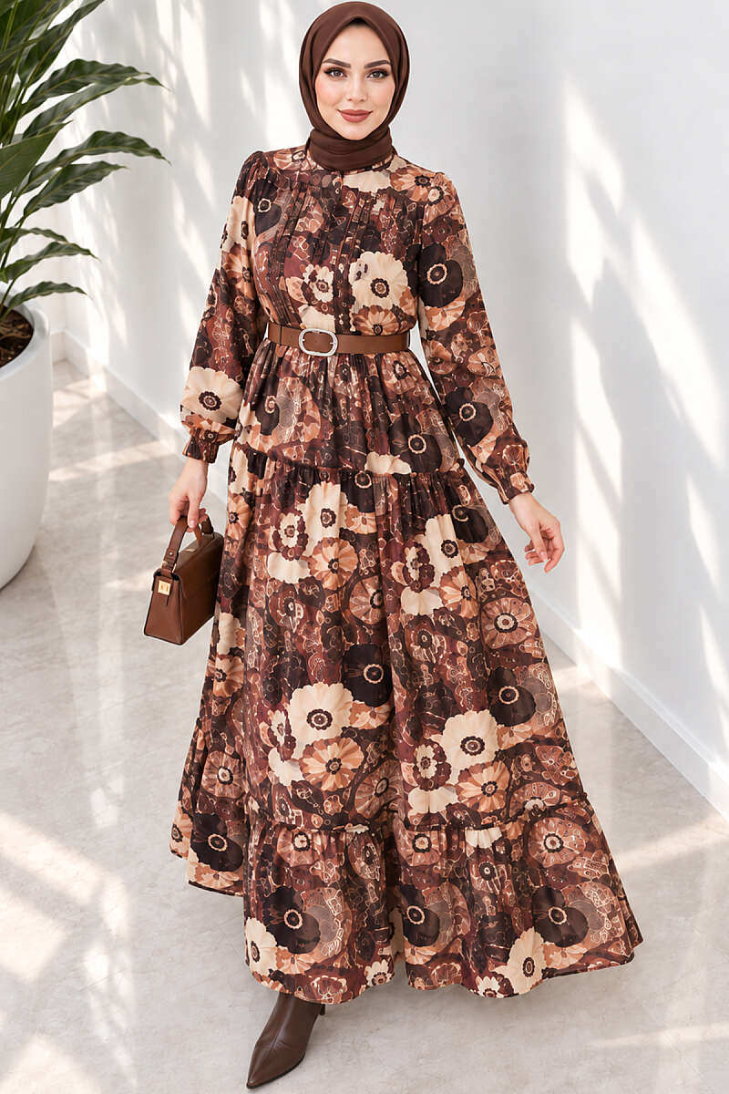 Belted Ethnic Print Dress - Brown