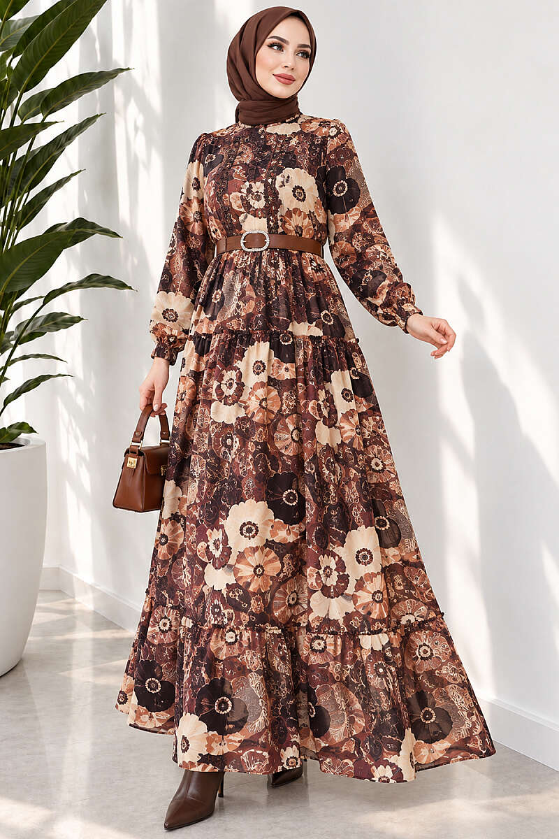 Belted Ethnic Print Dress - Brown